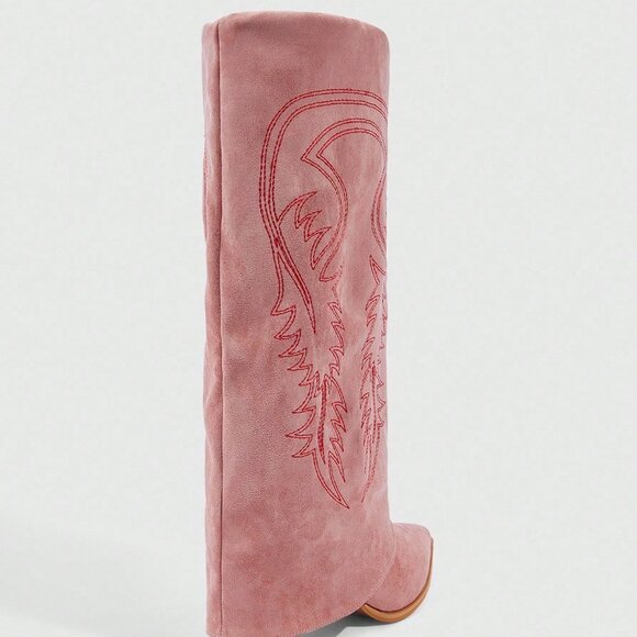 Pink Western Women's Pointed Toe Tall Chunky Heel Suede Fringe Boots - Picture 3 of 5